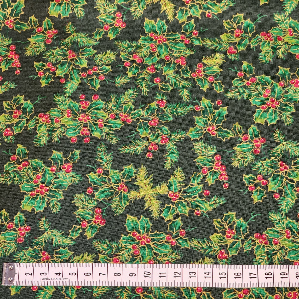 Christmas Holly - Small - Cotton Poplin Fabric - 112cm wide - Dark Green - You’ve Got Me In Stitches