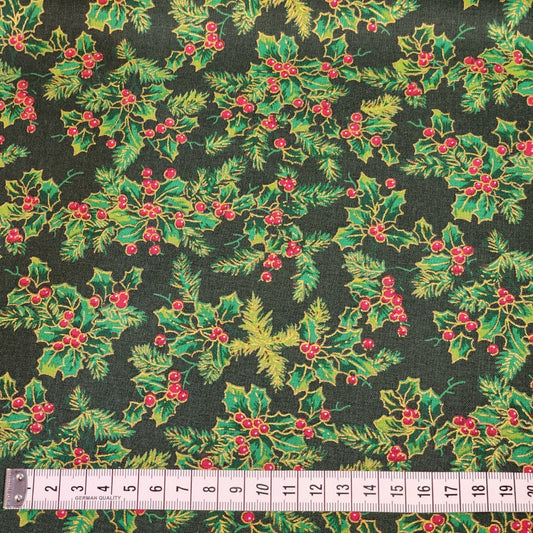 Christmas Holly - Small - Cotton Poplin Fabric - 112cm wide - Dark Green - You’ve Got Me In Stitches