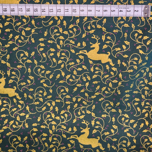 Christmas Reindeer and Holly - Cotton Poplin Fabric - 112cm wide - Dark Green - You’ve Got Me In Stitches