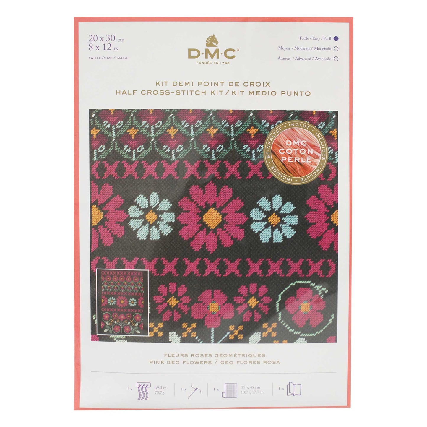 DMC - Half Cross Stitch Kit - Red Geo Flowers - 20 x 30cm