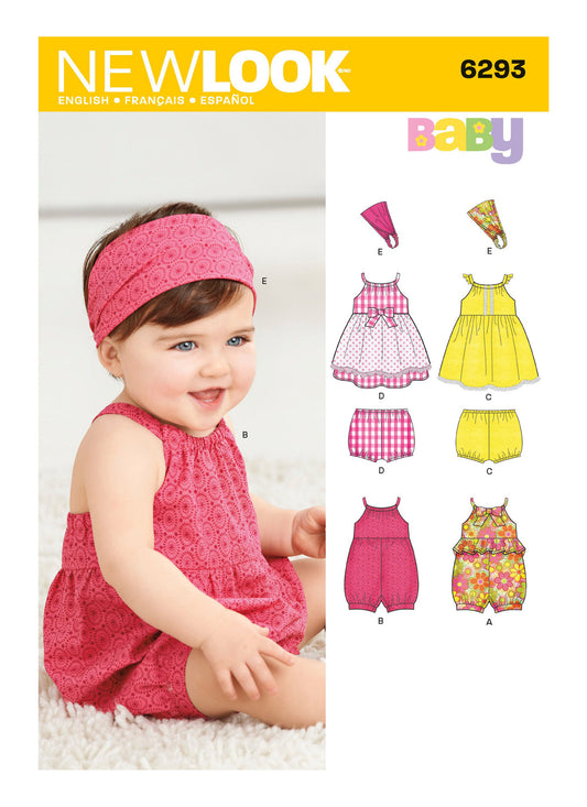 New Look Pattern 6293 Babies' Romper, Dress, Panties and Headband - You’ve Got Me In Stitches