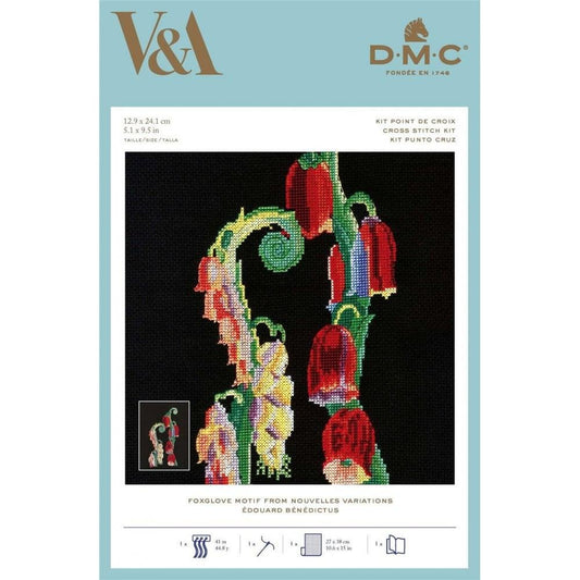 DMC V&A - Cross Stitch Kit - Foxglove Motif - Edouard Benedictus - 12.9 x 24.1cm