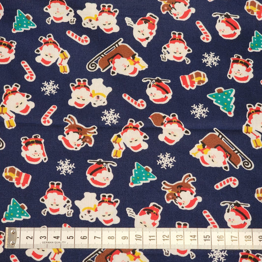 Christmas Cotton Poplin Fabric - Santa Sleighs - Navy Blue Background - You’ve Got Me In Stitches