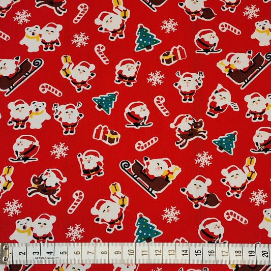 Christmas Cotton Poplin Fabric - Santa Sleighs - Red Background - You’ve Got Me In Stitches