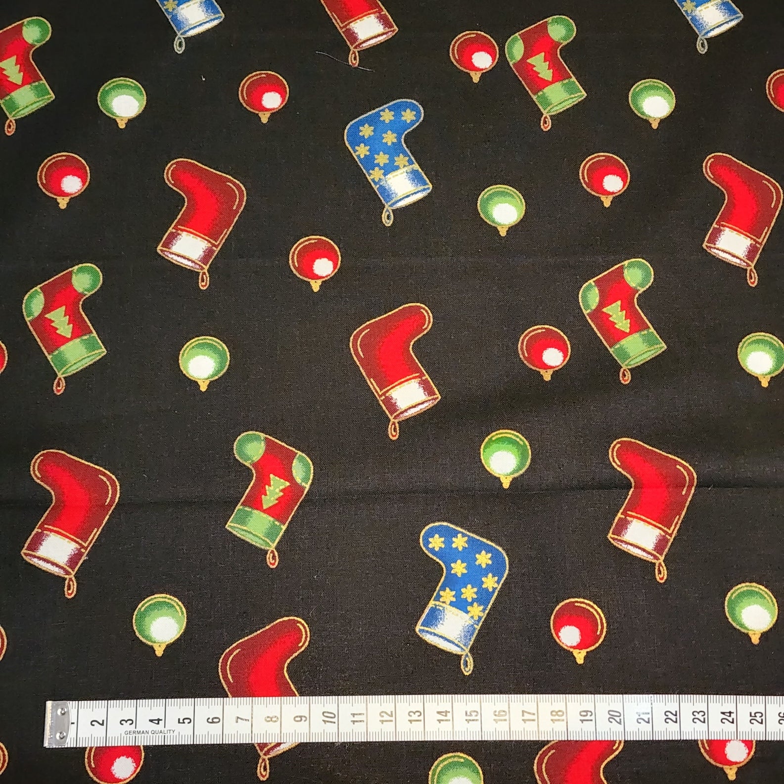 Christmas Stockings and Baubles - Cotton Poplin Fabric - 112cm wide - Black - You’ve Got Me In Stitches