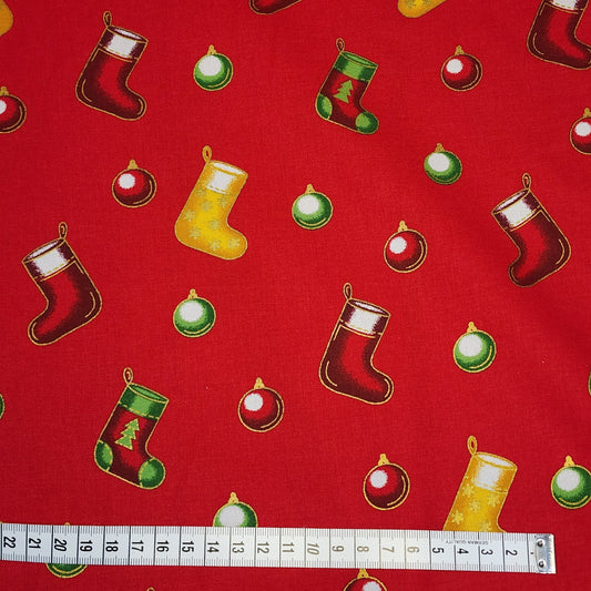 Christmas Stockings and Baubles - Cotton Poplin Fabric - 112cm wide - Red - You’ve Got Me In Stitches